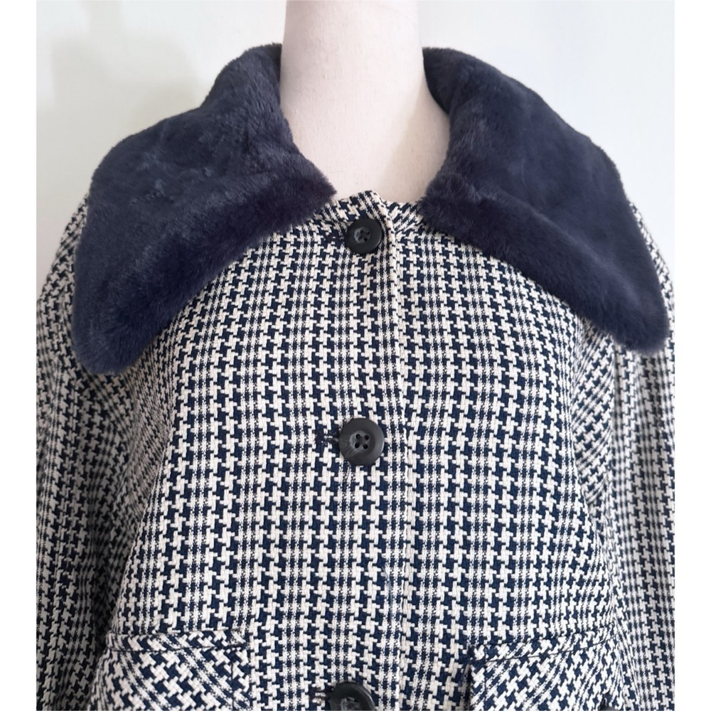 EUC Anthropologie Maeve Tweed Blue Faux Fur-Collar Herringbone Jacket Large - Picture 5 of 10
